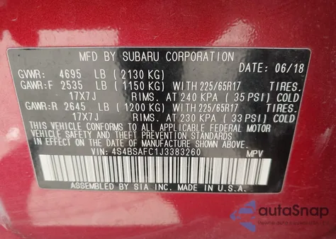 2018 Subaru Outback 2.5I Premium z USA, uszkodzony, nr VIN 4S4BSAFC1J3383260